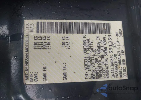 2015 Nissan Altima 2.5 S z USA, uszkodzony, nr VIN 1N4AL3AP8FC591359